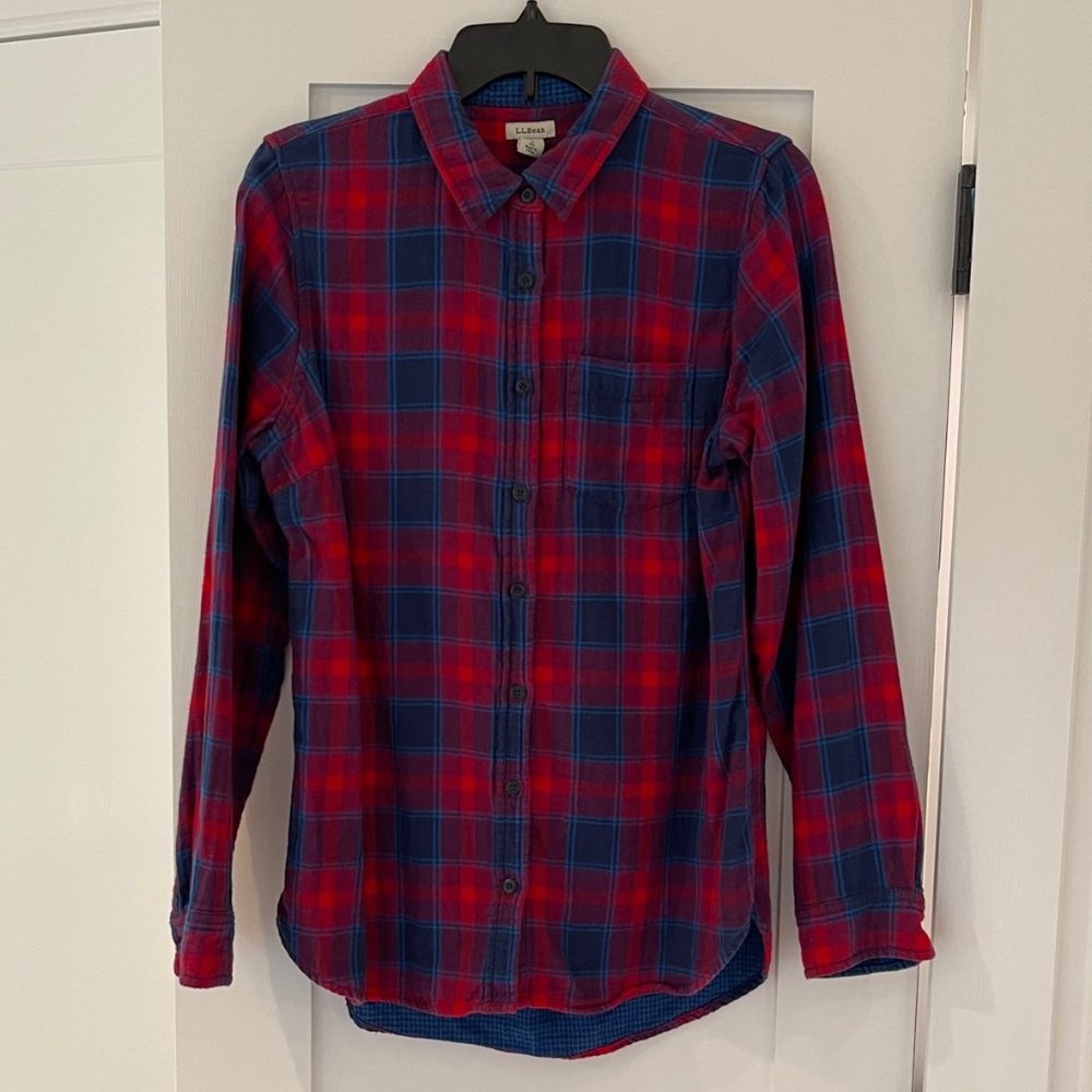 LL Bean Womens Small Plaid Double Layer LongSleeve Flannel Shirt Red Blue Purple
